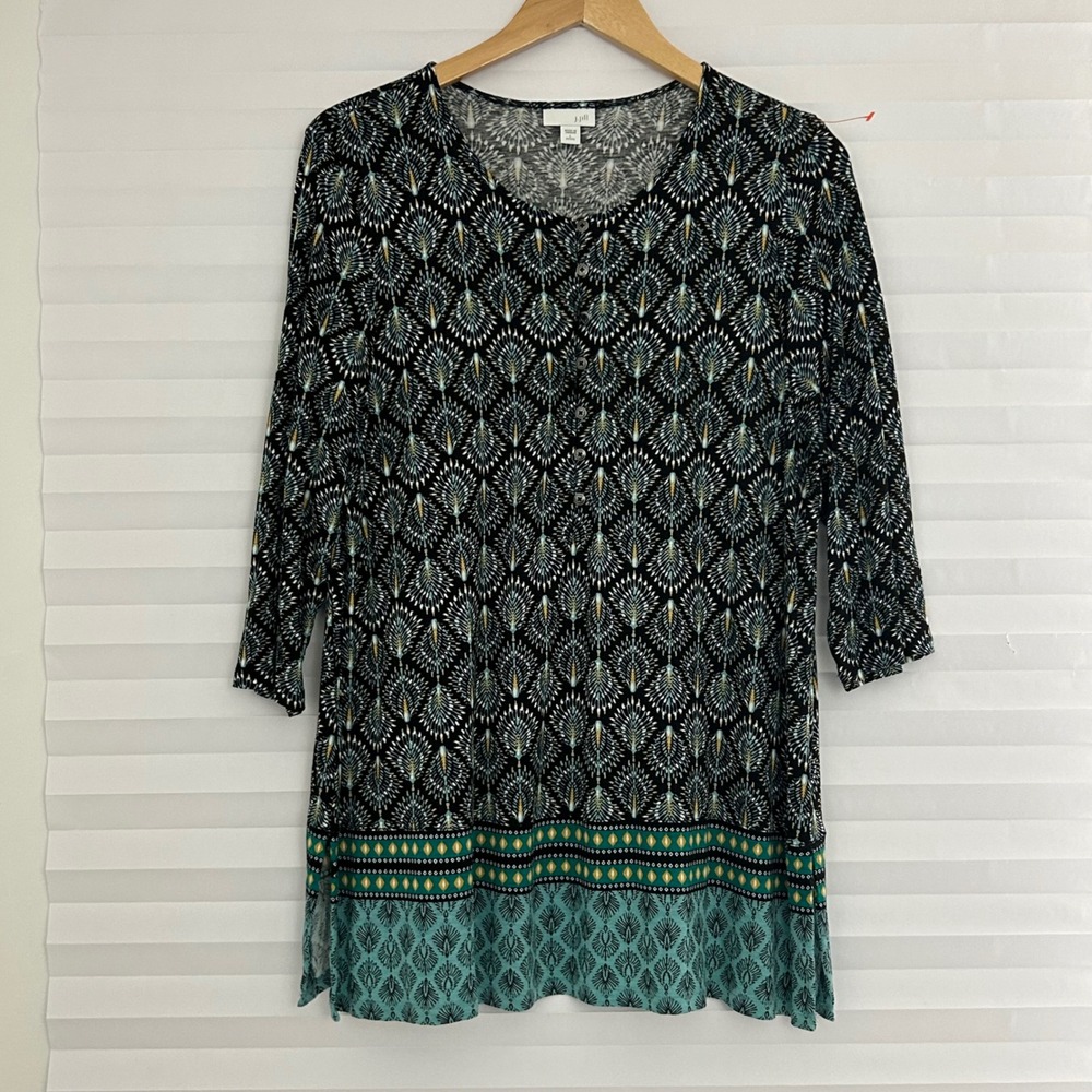 J.‎ Jill Petite Large Peacock Print Henley Tunic Top Teal Black 3/4 Sleeve Rayon